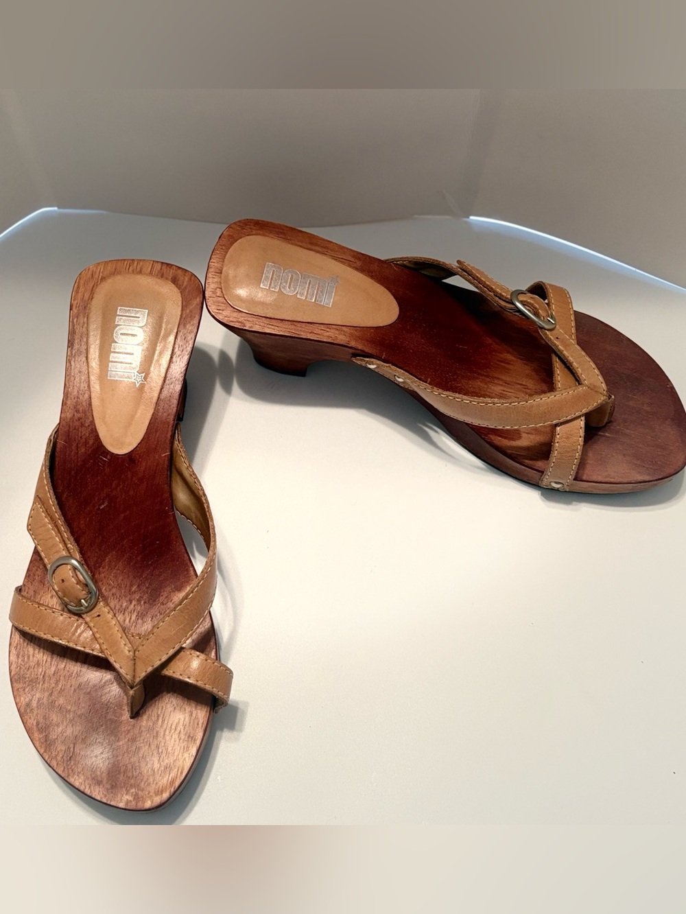 Tan Leather Wood-Heel Sandal - Women's Slip-On Heels - Picture 2 of 3
